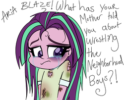 Size: 702x567 | Tagged: dead source, safe, artist:wubcakeva, aria blaze, equestria girls, g4, ariabetes, black eye, bruised, clothes, crying, cute, dialogue, dirty, frown, loose hair, sad, scolding, simple background, torn clothes, wavy mouth, white background, younger