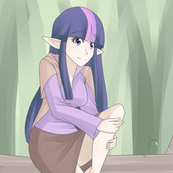 Size: 1280x1280 | Tagged: safe, artist:jonfawkes, twilight sparkle, human, g4, cloak, clothes, elf ears, humanized, log, looking at you, skirt, smiling