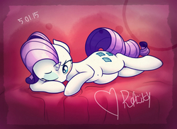 Size: 1432x1045 | Tagged: safe, artist:anti1mozg, rarity, pony, unicorn, g4, bed, belly button, blushing, female, horn, mare, on bed, one eye closed, solo