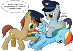 Size: 2324x1623 | Tagged: safe, artist:mkogwheel, rainbow dash, earth pony, pegasus, pony, g4, tanks for the memories, arrested, backwards cutie mark, bad end, cuffs, female, hogtied, mare, police, prisoner rd, reality ensues, simple background, transparent background, trio