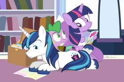 Size: 1100x725 | Tagged: safe, artist:dm29, shining armor, spike, twilight sparkle, alicorn, pony, g4, book, comic book, cute, fourth wall, free comic book day, reading, trio, twilight sparkle (alicorn)