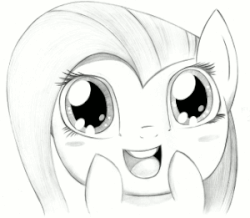 Size: 300x261 | Tagged: safe, artist:fladdrarblyg, fluttershy, g4, amazed, animated, blush sticker, blushing, bust, cute, eye shimmer, female, gif, gravity falls, looking at you, male, monochrome, perfect loop, reaction image, shyabetes, smiling, solo, soos and the real girl, sparkles