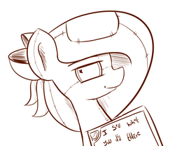 Size: 1200x1000 | Tagged: safe, artist:artguydis, oc, oc only, oc:raggie, hagwarders, original species, bow, hair bow, i see what you did there, monochrome, whiteboard