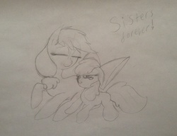 Size: 2046x1572 | Tagged: safe, apple bloom, applejack, g4, crying, cute, sisters, snuggling, tears of joy, traditional art