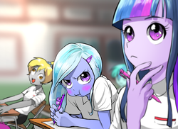 Size: 1100x800 | Tagged: safe, artist:quizia, derpy hooves, trixie, twilight sparkle, equestria girls, g4, angry, blushing, classroom, cute, diatrixes, equestria girls-ified, madorable, pouting, puffy cheeks, younger