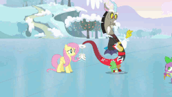 Size: 640x360 | Tagged: safe, screencap, discord, fluttershy, spike, g4, keep calm and flutter on, animated, ice skates, necklace, skating