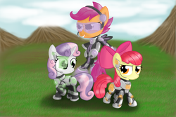 Size: 900x600 | Tagged: safe, artist:ponyus94, apple bloom, scootaloo, sweetie belle, cyborg, g4, cutie mark crusaders, hmd, power armor