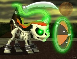 Size: 1024x782 | Tagged: safe, artist:algahiem3, pony, bandana, crossover, killer instinct, ponified, shield, skeleton, solo, spinal, sword, video game