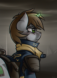 Size: 1024x1408 | Tagged: safe, artist:whitepone, oc, oc only, oc:littlepip, pony, unicorn, fallout equestria, clothes, fanfic, fanfic art, female, glowing horn, horn, jumpsuit, mare, solo, vault suit, wasteland