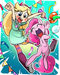 Size: 800x1000 | Tagged: safe, artist:quizia, pinkie pie, earth pony, human, pony, 2015, adorable face, balloon, blonde, blushing, crossover, cute, diapinkes, duo, eyes closed, featured image, female, friendshipping, mare, open mouth, open smile, smiling, star butterfly, star vs the forces of evil, stars, underhoof, xk-class end-of-the-world scenario