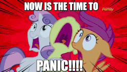 Size: 800x450 | Tagged: safe, screencap, apple bloom, scootaloo, sweetie belle, appleoosa's most wanted, g4, animated, cutie mark crusaders, female, horror, image macro, meme, panic, reaction image, screaming