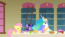Size: 1366x768 | Tagged: safe, screencap, fluttershy, princess celestia, twilight sparkle, alicorn, pegasus, pony, unicorn, a bird in the hoof, g4, season 1, apple, cake, cup, cupcake, cute, eyes closed, female, folded wings, food, grin, indoors, ladder, nervous, nervous smile, pie, sandwich, shyabetes, smiling, teacup, trio, trio female, unicorn twilight, wings