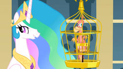 Size: 1366x768 | Tagged: safe, screencap, philomena, princess celestia, alicorn, bird, phoenix, pony, a bird in the hoof, g4, season 1, birdcage, cage, duo, ethereal mane, female, mare