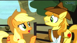 Size: 1073x601 | Tagged: safe, screencap, applejack, braeburn, earth pony, pony, appleoosa's most wanted, g4, my little pony: friendship is magic, female, male, mare, stallion