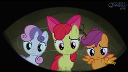 Size: 1664x942 | Tagged: safe, screencap, apple bloom, scootaloo, sweetie belle, earth pony, pegasus, pony, unicorn, appleoosa's most wanted, g4, season 5, apple bloom's bow, bow, cutie mark crusaders, discovery family, discovery family logo, female, filly, foal, hair bow, logo, offscreen character, pov