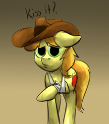 Size: 1761x2000 | Tagged: safe, artist:marsminer, braeburn, appleoosa's most wanted, g4, broken bone, broken leg, injured, male, pegasisterbait, sad, solo, that was fast