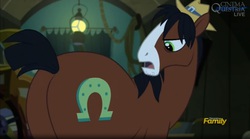 Size: 1669x927 | Tagged: safe, screencap, trouble shoes, earth pony, pony, appleoosa's most wanted, g4, blaze (coat marking), butt, coat markings, cutie mark, facial markings, frown, glare, look at my butt, looking back, male, open mouth, plot, short tail, solo, stallion, stubble, the ass was fat