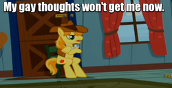 Size: 656x335 | Tagged: safe, edit, edited screencap, screencap, braeburn, earth pony, pony, appleoosa's most wanted, g4, caption, discovery family, discovery family logo, gay thoughts, image macro, logo, lowres, male, meme, needs more jpeg, solo, stallion, text, tom cruise