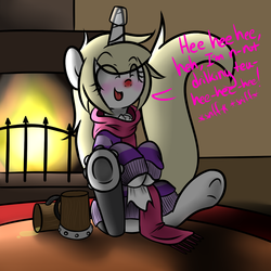 Size: 1200x1200 | Tagged: safe, artist:fullmetalpikmin, oc, oc only, oc:cherry blossom, blushing, clothes, congenital amputee, drunk, fireplace, handkerchief, hooves, red nosed, scarf, sick, solo, sweater, tissue, underhoof