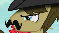 Size: 500x281 | Tagged: safe, screencap, applejack, braeburn, caramel, sheriff silverstar, earth pony, pony, appleoosa's most wanted, g4, animated, clown, cowboy hat, diegetic music, discovery family, discovery family logo, facial hair, harmonica, hat, hay bale, makeup, male, moustache, musical instrument, rodeo clown, stallion, stetson