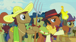 Size: 500x281 | Tagged: safe, screencap, bandana baldwin, berry punch, berryshine, beuford, cherry berry, high stakes, jade spade, jonagold, marmalade jalapeno popette, mccree, yuma spurs, earth pony, pony, appleoosa's most wanted, g4, season 5, animated, apple family member, appleloosa resident, background pony, crowd, discovery family, discovery family logo, female, gif, hat, male, mare, pitchfork, stallion, stubble, torch, unnamed character, unnamed pony