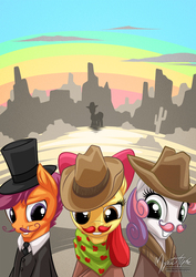 Size: 955x1351 | Tagged: safe, artist:mysticalpha, apple bloom, scootaloo, sweetie belle, trouble shoes, earth pony, pony, appleoosa's most wanted, g4, bandana, bow, clothes, cowboy, cowboy hat, cutie mark crusaders, female, filly, grin, hair bow, hat, moustache, poncho, rodeo, smiling, smirk, stetson, top hat