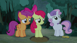 Size: 500x281 | Tagged: safe, screencap, apple bloom, scootaloo, sweetie belle, earth pony, pegasus, pony, unicorn, appleoosa's most wanted, g4, season 5, animated, astraphobia, cute, cutealoo, cutie mark crusaders, derp, discovery family, discovery family logo, faic, female, filly, gif, lightning, rain, scared, scootaderp