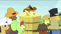 Size: 1920x1080 | Tagged: safe, screencap, apple bumpkin, apple fritter, blues, braeburn, caramel, cherry cola, cherry fizzy, coco crusoe, meadow song, noteworthy, earth pony, pony, appleoosa's most wanted, g4, apple family member, eyes closed, faic, female, floppy ears, hat, hay, hay bale, hayburn, laughing, male, mare, open mouth, silly, silly pony, stallion, wavy mouth, wide eyes