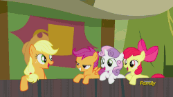 Size: 500x281 | Tagged: safe, screencap, apple bloom, applejack, scootaloo, sweetie belle, appleoosa's most wanted, g4, animated, cutie mark crusaders, discovery family, discovery family logo, female, frown, grin, nervous, raised eyebrow, smiling, talking, trophy, watching