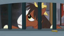 Size: 500x281 | Tagged: safe, screencap, sheriff silverstar, trouble shoes, earth pony, pony, appleoosa's most wanted, g4, animated, bed, discovery family, discovery family logo, frown, glare, jail, key, male, mattress, sad, sitting, stallion, talking, unamused, unshorn fetlocks, wanted poster