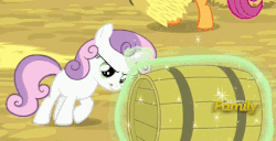 Size: 456x233 | Tagged: safe, screencap, scootaloo, sweetie belle, pegasus, pony, unicorn, appleoosa's most wanted, g4, :p, animated, barrel, blank flank, concentrating, discovery family logo, eyes closed, female, filly, foal, glowing, glowing horn, horn, magic, magic aura, sweetie belle's magic brings a great big smile, telekinesis, tongue out
