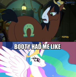 Size: 800x806 | Tagged: safe, edit, edited screencap, screencap, princess celestia, trouble shoes, alicorn, earth pony, pony, appleoosa's most wanted, g4, booty had me like, butt, caption, faic, female, frown, glare, image macro, look at my butt, looking back, male, mare, meme, open mouth, plot, smiling, spread wings, stallion, the ass was fat, troublestia, twiface, wingboner