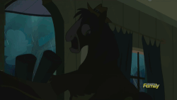 Size: 500x281 | Tagged: safe, screencap, trouble shoes, earth pony, pony, appleoosa's most wanted, g4, animated, broken glass, clumsy, crash, curtains, discovery family, discovery family logo, male, rain, silhouette, solo, stallion, wide eyes, window