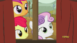 Size: 500x281 | Tagged: safe, screencap, apple bloom, scootaloo, sheriff silverstar, sweetie belle, earth pony, pony, appleoosa's most wanted, g4, animated, cutie mark crusaders, discovery family, discovery family logo, female, filly, foal, hat, key, magic, male, stallion, sweetie belle's magic brings a great big smile, telekinesis