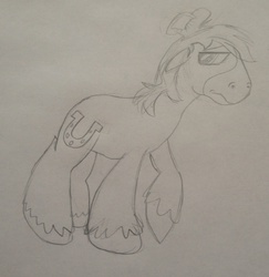 Size: 1942x1994 | Tagged: safe, artist:nicolelady, trouble shoes, earth pony, pony, appleoosa's most wanted, g4, floppy ears, frown, hat, male, monochrome, raised hoof, sad, sketch, solo, stallion, traditional art, unshorn fetlocks