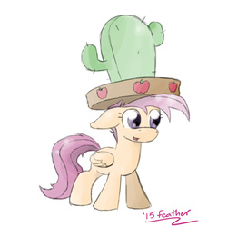 Size: 800x800 | Tagged: safe, artist:feather, scootaloo, pegasus, pony, appleoosa's most wanted, g4, cactus, cactus hat, female, filly, floppy ears, foal, folded wings, giant hat, hat, open mouth, open smile, signature, simple background, smiling, solo, sombrero, white background, wings