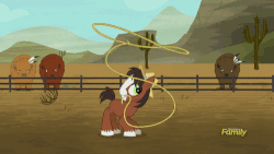 Size: 500x281 | Tagged: safe, screencap, trouble shoes, bison, buffalo, earth pony, pony, appleoosa's most wanted, g4, animated, cactus, colt, cute, discovery family, discovery family logo, fence, flashback, frown, grin, hogtied, lasso, mouth hold, on back, rope, saguaro cactus, smiling, stuck, tied up, troublebetes, unnamed buffalo, unnamed character, wide eyes, younger
