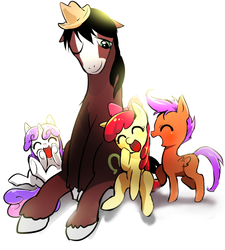 Size: 900x1000 | Tagged: safe, artist:quizia, apple bloom, scootaloo, sweetie belle, trouble shoes, earth pony, pegasus, pony, unicorn, appleoosa's most wanted, g4, cute, cutie mark crusaders, eyes closed, female, filly, fluffy, foal, laughing, male, on back, open mouth, quizia is trying to murder us, sitting, smiling, stallion, that was fast, troublebetes, unshorn fetlocks, wink