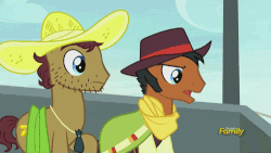 Size: 500x281 | Tagged: safe, screencap, beuford, mccree, earth pony, pony, appleoosa's most wanted, g4, season 5, angry mob, animated, discovery family, discovery family logo, frown, gif, glare, gritted teeth, hammerspace, hoof hold, male, pitchfork, stallion, stubble, torch