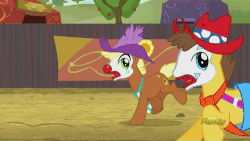 Size: 500x281 | Tagged: safe, screencap, caramel, meadow song, roller bowler, topspin, earth pony, pony, appleoosa's most wanted, g4, animated, clothes, clown, clown nose, cowboy hat, discovery family, discovery family logo, hat, hay, hay bale, makeup, male, red nose, rodeo clown, stallion, suspense funnypants