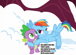 Size: 800x574 | Tagged: safe, artist:porygon2z, edit, edited screencap, hundreds of users filter this tag, screencap, vector edit, rainbow dash, spike, dragon, pegasus, pony, g4, tanks for the memories, bedroom eyes, cuddling, female, flirting, flying, frown, grin, hug, male, pickup lines, ship:rainbowspike, shipping, smiling, snow, snuggling, straight, sultry pose, tree, wide eyes