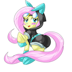 Size: 2000x2000 | Tagged: safe, artist:fourze-pony, fluttershy, pegasus, pony, blushing, bunny ears, clothes, costume, cute, dangerous mission outfit, female, flutterspy, goggles, hoodie, lidded eyes, looking at you, mare, shyabetes, simple background, smiling, solo, white background