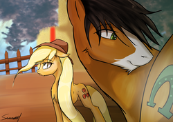 Size: 2047x1447 | Tagged: safe, artist:sakuracheetah, applejack, trouble shoes, earth pony, pony, appleoosa's most wanted, g4, blowing, duo, female, floppy ears, fluffy, looking back, male, mare, shipping, shy, smiling, stallion, straight, sweat, troublejack
