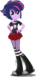 Size: 2079x4500 | Tagged: safe, artist:xebck, twilight sparkle, castle sweet castle, equestria girls, g4, alternate clothes, alternate hairstyle, clothes, female, fishnet stockings, goth, hand on hip, jewelry, looking at you, necklace, piercing, punklight sparkle, shirt, shoes, simple background, skirt, socks, solo, t-shirt, tattoo, thigh highs, transparent background, vector