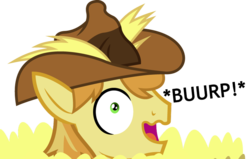 Size: 842x534 | Tagged: safe, artist:masem, braeburn, earth pony, pony, appleoosa's most wanted, g4, burp, face, hay, hay bale, hayburn, image macro, male, meme, simple background, stallion, transparent background, wavy mouth