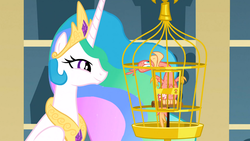 Size: 1366x768 | Tagged: safe, screencap, philomena, princess celestia, alicorn, bird, phoenix, pony, a bird in the hoof, g4, season 1, birdcage, cage, duo, ethereal mane, female, mare