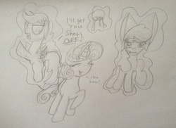 Size: 2106x1534 | Tagged: safe, artist:nicolelady, apple bloom, scootaloo, sweetie belle, appleoosa's most wanted, g4, cutie mark crusaders, jealous, key, magic, monochrome, teasing, traditional art, unamused