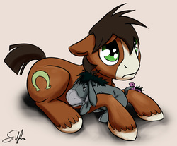 Size: 1956x1620 | Tagged: safe, artist:silfoe, trouble shoes, donkey, earth pony, pony, appleoosa's most wanted, g4, crossover, cute, disney, eeyore, floppy ears, hatless, looking up, male, missing accessory, plushie, prone, puppy dog eyes, sad, solo, troublebetes, unshorn fetlocks, winnie the pooh, woobie