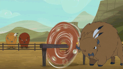Size: 500x281 | Tagged: safe, edit, edited screencap, screencap, trouble shoes, bison, buffalo, appleoosa's most wanted, g4, animated, grindstone, horn sharpening, loop, spinning, unnamed buffalo, unnamed character