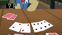 Size: 1366x768 | Tagged: safe, screencap, sheriff silverstar, earth pony, pony, appleoosa's most wanted, g4, card, clubs, diamonds, heart, male, playing card, poker, solo, spades, stallion